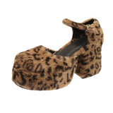 kamames Fur Platform Pumps Womens Round Toe Leopard Mixed Colors Block High Heel Shoes Lolita Cosplay Halloween Real Leather 2022