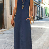 Alluring Sleeveless Maxi Dress with Handy Pockets - Lightweight Summer Sundress in Timeless Blue - Versatile for Day to Evening Glamour