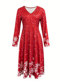 Christmas Print A-Line Dress - V Neck, Long Sleeve, Ruched, Ankle Length, Casual, Women's Clothing