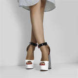 kamames Onlymaker Women's Sandals Platform Peep Toe Chunky Square Heels Ankle Strap Sandals Black And White Stripes Party Fashion Shoes