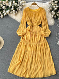 kamames Autumn Women Draped Chiffin Dress Femael Vintage Round Neck Puff Long Sleeve High Waist A-Line Loose Pleated Robe New