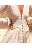 Women Boho Beach Maxi Dress Button Up Deep V Neck Full Sleeve Long Dress Fairy Grunge French Romance Holiday Clothes 928-0