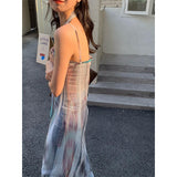 Zingj Y2K Tie Dye Tulle Sheer Dress Women Sexy Spaghetti Strap Midi Dress Streetwear Harajuku Mesh See Through Loose Sundress