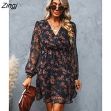 kamames PETAL Black Floral Chiffon A-Line Mini Dress Woman Sexy V-neck Long Sleeve Party Dress 2023 Spring Autumn Female Sundress