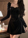 kamames Black Velvet Midi Dress Women Sexy Chic Hollow Out Mesh Dress Female Korean Vintage Casual Evening Party Dress Autumn