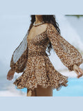 kamames Low Cut Hollow Out Lantern Sleeve Mini Dress Women High Waist Backless Lace Up Dresses Sexy Female Beach Vacation Robes