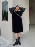 kamames Black Velvet Puff Sleeve Vintage Long Dress Women 2021 Spring Autumn Side Split Ruffle Neck Long Sleeve Ladies Dress