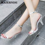 kamames Solid One Word With High Heels Party Sandals Summer Sexy Nightclub Transparent Ladies Shoes New Crystal Thin Heel Women Shoes