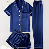 Womens Solid Satin Short Sleeve Lapel Pajama Set - Soft Micro Elasticity, Casual Button-Front Top & Elastic Shorts/Pants for Summer - Comfortable Polyester Sleepwear