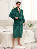 Cozy Solid Color Flannel Robe - Men's Autumn Winter Loungewear with Double Pockets, Lace-Up Closure, Elegant Design - Soft, Plush, and Warm Bathrobe Pajamas for Relaxation