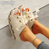 kamames size slippers women's 2022summer woven fish mouth shoes fabric one word lace sponge cake thick bottom sandals and slippers