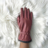 Velvet Lined Elegant Gloves for Women - Warm, Waterproof, Touchscreen, Split Finger, PU Leather with Decorative Buttons - Perfect for Autumn and Winter