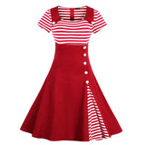 kamames Striped Vintage Summer Flare Tunic Dress High Waist Buttons Short Sleeve Women Clothing Patchwork 60s Rockabilly Dresses