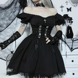 kamames Cross Print Strap Shoulder Lace Spliced Dress Dark Sexy Slim Princess Dress