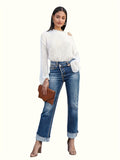 Chic Crossover Waist Stretch Jeans for Women - Comfort Fit Denim with Raw Seam Accents & Convenient Slash Pockets for Casual Wear