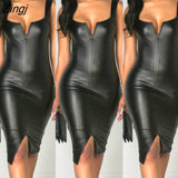 kamames Summer Women Sleeveless PU Leather Clubwear Ladies Bodycon Slim Zipper V-Neck Skinny Short Mini Dress