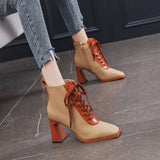 kamames Women High Heel Leather Short Boots Fashion Retro Lace-up Square Toe Heeled Ankle Booties Woman 2022 Spring shoes Botas De Mujer