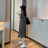 kamames Sleeve Dress Women Hot Sale S-3XL Leisure Cozy Simple Basic Striped Preppy Style Clothing Students Midi Sundress Chic BF