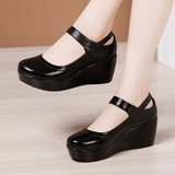 kamames Heel Slope Thick Soles Round Head Shallow Mouth Single Shoes Soft Soles Comfortable Leisure Middle-Aged Mother Shoes Large Size Small Leather Shoes