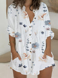 Plus Size Floral Delight - Womens Casual Button Up Blouse with Roll Up Long Sleeves, Mock Neck Tunic & Handy Pockets