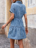 Womens Fitted Chic Denim Dress - Button Front, Collar, Short Sleeves, Solid Color, Non-Stretch, Woven, Casual Streetwear Fashion for All Seasons