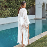 kamames Sexy See Lace Dress Through Long White Lace Kimono Plus Size Women Clothing Beach Wear Pocket Front Open Robe DePlage A1029