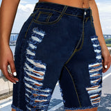 Ripped Raw Hem Bermuda Denim Shorts, Distressed Washed Blue Denim Shorts, Women's Denim Jeans & Clothing