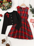 Girl's Plaid Pattern Elegant Outfit 2pcs, Bowknot Decor Cardigan & Sleeveless Dress Set, Kid's outdoor Clothes For Spring Autumn Christmas