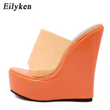 kamames Orange Yellow Platform Wedges Slippers For Women High Quality PVC Transparent Jelly Shoes Summer Sandals Size 35-42