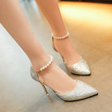 kamames Women Summer 2024 New Korean Version Of The Pearl One-Word Buckle Pointed Sexy Stiletto High-Heeled Shoes