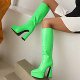 kamames Crocodile Leather Women Knee High Boots Fashion Platform Suqare High Heel Punk Boots Pointed Toe Motorcycle Boots Lady Shoe