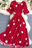 kamames Women Polka Dot Midi Dress Vintage V-Neck Short Flare Sleeve Bandage A-Line Vestidos Female Casual Robe New Fashion