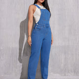 Classic Plain Washed Blue Denim Overalls, Adjustable Strap Casual Patch Pocket Straight Leg Denim Jumpsuit, Women's Denim Jeans & Clothing