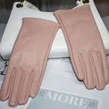 Simple Monochrome PU Leather Gloves Short Velvet Lined Warm Gloves Autumn Winter Windproof Riding Gloves