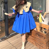 Zingj Sleeve Dress Women Peter Pan Collar Patchwork Sweet Girls Fashion A-line Baggy Casual Lovely Preppy Japanese Style Chic Ins