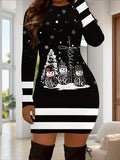 Charming Snowman Print Christmas Dress for Women - Casual Long Sleeve, Crew Neck, Bodycon Fit with Stretch Fabric