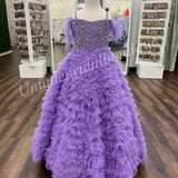 Ruffles Candy Color Girl Pageant Dress  Feather Crystals Pearls Little Kid Birthday Formal Party Gown Infant Toddler Teens Tiny Young Junior Miss Aqua Pink Lilac