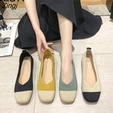 kamames NEW Women Slip On Flat Loafers Patchwork Square Toe Shallow Ballet Flats Shoes knitting Casual Flat Shoes Ballerina Flats