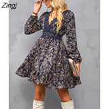 kamames PETAL Ditsy Floral Lace Mini Dress For Woman Sexy V-neck Ruffled Long Sleeve Party Dress 2023 Spring Autumn Female Sundress