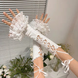 kamames Women's Y2K 2000s Fingerless Gloves Cross Tie-up Elbow Length Arm Warmers Sleeves Lolita Costume Accessories
