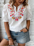 Plus Size Floral Embroidery Blouse - Chic Casual Mandarin Collar Lantern Sleeve Top with Delicate Floral Details, Perfect for Spring & Summer, Designed for Plus-Size Womens Clothing