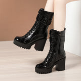 kamames Martin Boots 2023 Autumn / Winter Cheongsam Walking Shoes Tie English Style Thick Heels Lacquered Leather Boots Women's Short Boots