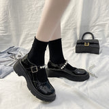 kamames Buckle Mary Jane Shoes Thick-Soled Flat-Soled Spring Single Shoes Round Head White Bright Leather Small British Leather Shoes