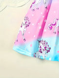 Midi Length Fitted Unicorn Graphic Dress for Girls - Soft Slight Stretch Polyester, Breathable Short Sleeve, Crew Neck, Flared Hem, Random Print, Comfy Casual Style for Summer Holiday