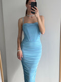 kamames High-quality Solid Color Blue Mesh Dress 2023 New Sexy Fishbone Pleats Open Backpack Hip Strap sexy Dress