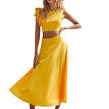 Two Piece Dress Summer Long Dress Sets Women Two Piece Set Holiday Sexy Tops And Yellow Skirt Suit Boho Off Shoulder Dress Vestido De Mujer 230428