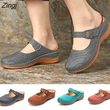 kamames New Women Flat Shoes Mules For Women PU Leather Round Head Sandals Closed Toe Sandals Women Slipper Non-slip Retro Shoes