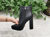 kamames Onlymaker Women Ankle Boots Pointed Toe Black Matte Flock12CM Chunky Heel Platform Booties Party Shoes Large Size Short Boots