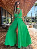 kamames Women Halter Neck Tie Backless Beachwear Green Cover Up Party Ladies Dresses Casual Summer Clothing Fashion Long Dress