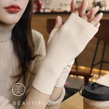 Simple Solid Color Fingerless Gloves, Short Elastic Self-heating Gloves, Winter Thin Warm Gloves For Women